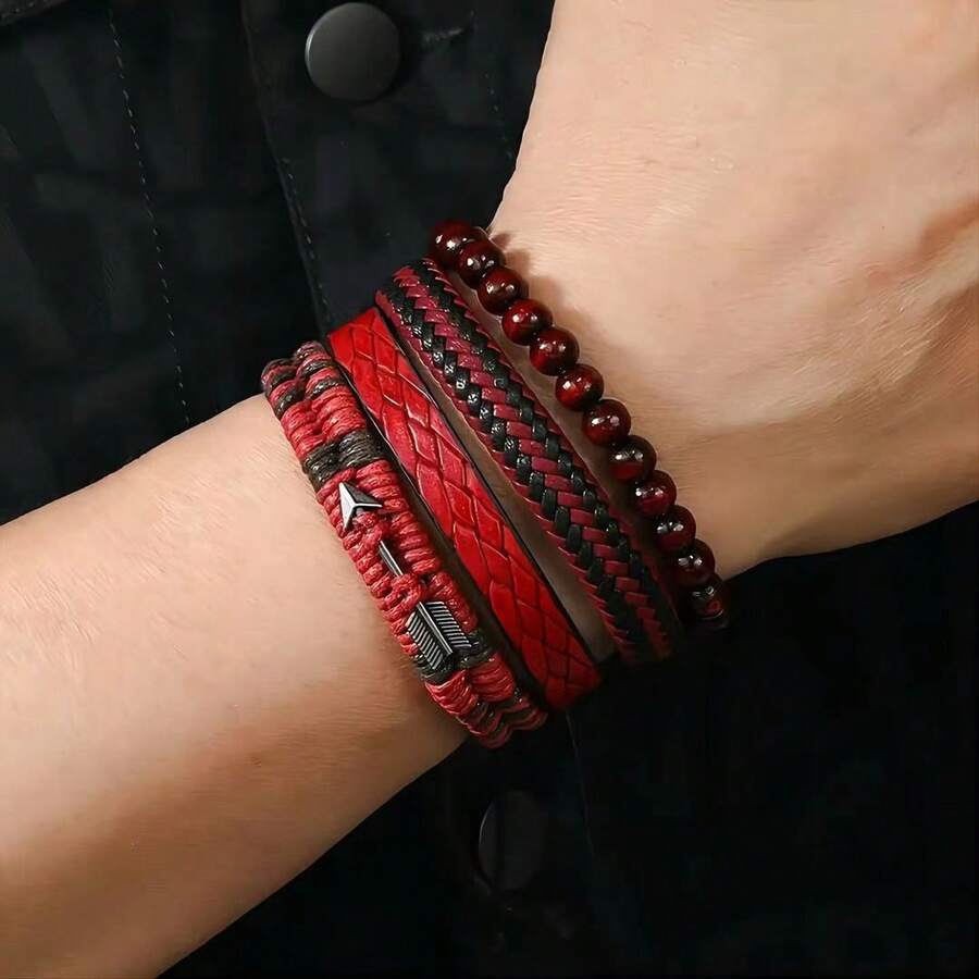 Fashion 4pcs Set Multi-Layer Leather Bracelet Minimalist Handmade Woven Cupid's Arrow Bracelet For Men And Women - Red - View 1