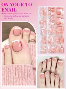 Misscheering 150片/盒 短方型裸粉色法式軟膠穿戴式腳趾甲片，15種尺寸加厚全覆蓋預設計壓克力假腳趾甲延伸片，可重複使用DIY足部美甲沙龍用品，適合女性 - 藕粉色 - 查看 4