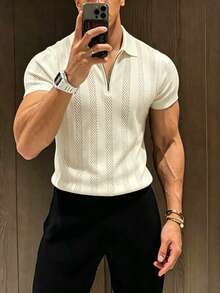 1pc Men's Spring/Summer Short Sleeve Cardigan Sweater, Classic Retro Design, Minimalist Versatile Slim Fit Sports - Apricot - View 1