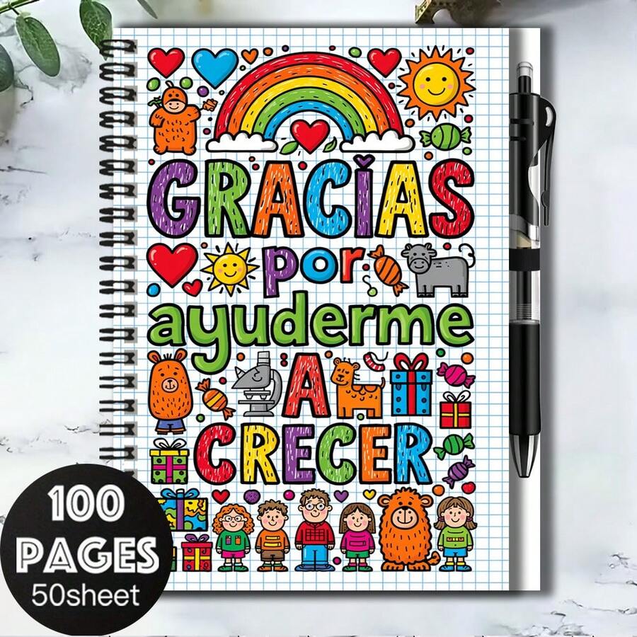 1套可愛卡通風格2D螺旋線圈筆記本組，封面印有彩色圖案和「GRACIAS Por Ayudarme CRECER」文字。100頁大容量，滿足學習和工作記錄需求。搭配實用筆，是開學、畢業、生日的貼心禮物，也適合日記、日常規劃、備忘錄書寫。 - J - 查看 1