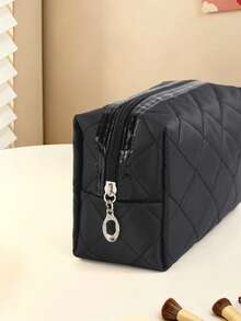 1 Stück einfarbige gesteppte Diamantmuster Damen Make-up Tasche, weicher hautfreundlicher Stoff mit gestepptem Diamantdesign, einfach und elegant; große Kapazität Reise Make-up Tasche, perfektes Geschenk für Mädchen, multifunktionale Beauty-Tool Aufbewahrungstasche. - Verschiedenfarbig - Übersicht 3