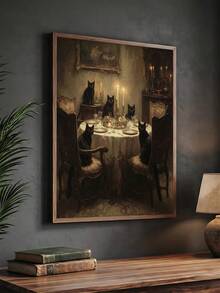 1pc Gothic Black Cat Dinner Party Art, Dark Academia Cat Moody Victorian Animal Painting, Ideal Gift,Suitable For Bedroom,Living Room,Kitchen,Wall Arts,Wall Decor,Home Decor,Room Decor,Canvas Wall Art,Posters, Wall Art With Frame, Optional Frame - 1PCS - View 5