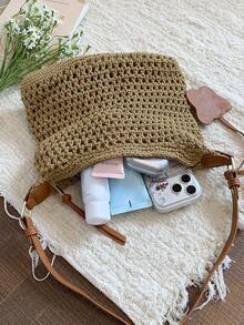 2026 New Woven Bag For Women, Fashion Hollow Breathable Versatile Crossbody Bag, Large Capacity Vacation Beach Shoulder Bag - Khaki - View 9