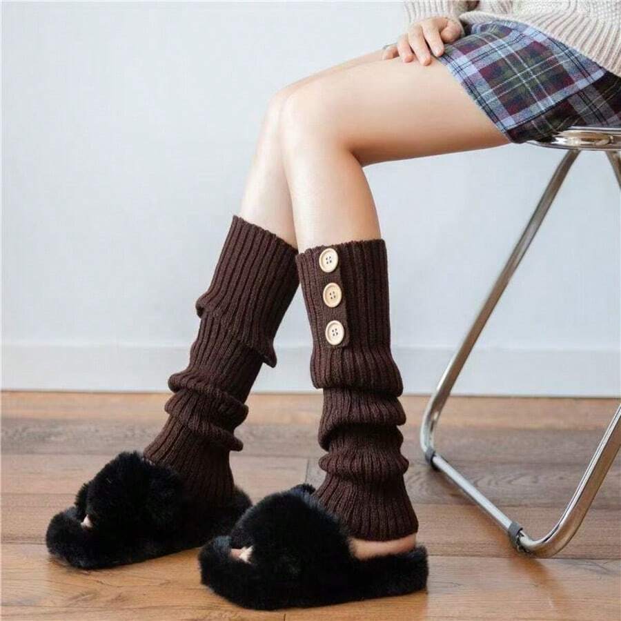 Meia Polaina Grande De Lã Canelada Para Ballet, Academia, Colegial, Cosplay e Look Y2K - Castanho - Visão 1