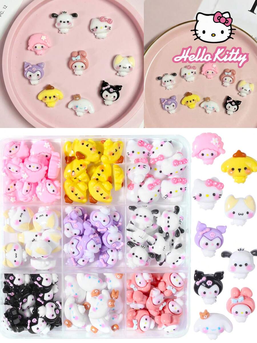Sanrio 9格 90件組 Hello Kitty 卡通美甲裝飾套組,9款心形 Hello Kitty、Kuromi、Cinnamoroll、Piano、My Melody 和 Pochacco 設計美甲 DIY 迷你水鑽平底飾品 - 彩色 - 查看 1