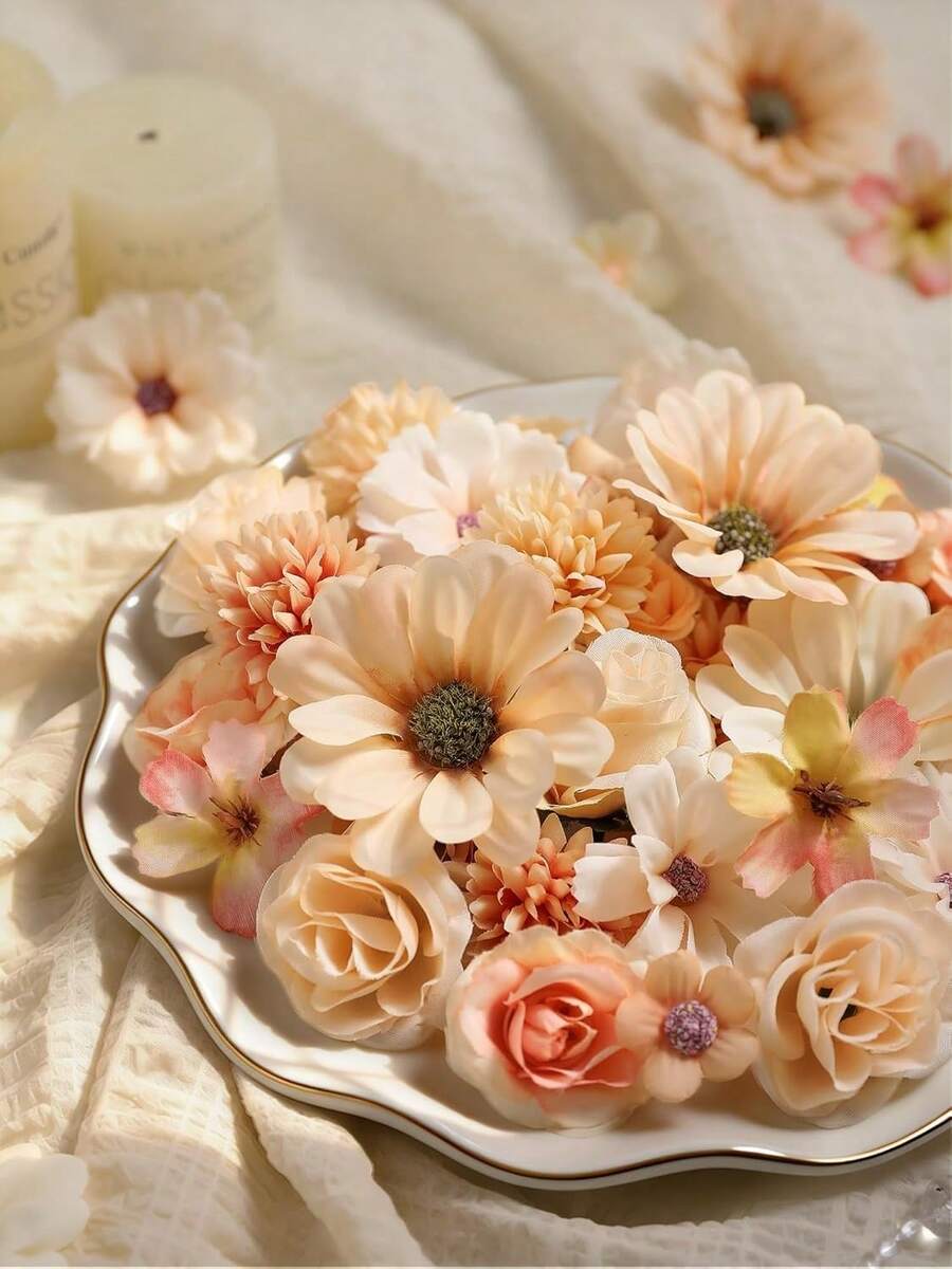 50/100pcs Mixed Color Artificial Flower Heads, 0.98-2.75 Inches, Spring/Summer DIY Flower Heads Including Roses, Daisies And Peonies, Suitable For Wedding Decor, Hair Accessories, Home, Party And Table Centerpiece Decoration, All Seasons - Champagne - View 1