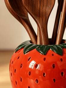 1pc Strawberry Shaped Ceramic Kitchen Utensil Holder, Large Capacity Cooking Utensil Can, Suitable For Kitchen Countertop, Ceramic Kitchen Utensil Storage Rack, Can Store Spatulas And Other Items, Kitchen Home Decor - Vintage Red - View 6