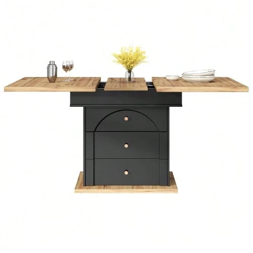 Telescopic Dining Table (110-140 X 80 Cm), Folding Kitchen Table For 4 To 6 People, Extendable Table, Space-Saving Table, For Kitchen And Living Room, Minimalist Design With Cupboard Doors, Black - 黑色 - 查看 1