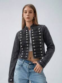 HZXVIC 女款新款復古設計立領翻領街頭風金屬鈕扣短版時尚牛仔夾克休閒外套 - 黑灰色 - 查看 5