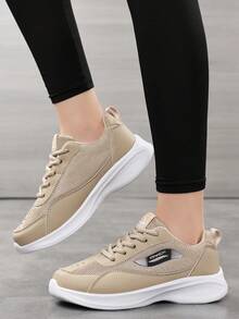 Women's Light Khaki Mesh Breathable Sports Shoes, Lightweight Soft Sole Shock-Absorbing Casual Running Shoes, Low-Top Lace-Up Non-Slip Versatile White Sneakers, Simple Versatile Height-Increasing Chunky Sneakers, Suitable For Daily Commute, Outdoor Jogging, Fitness Training, Student Campus, Shopping And Travel, Comfortable All-Season Women's Shoes That Don't Tire Feet - Beige - View 3