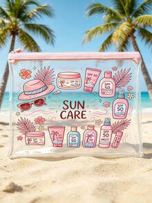 Bolsa de maquillaje con estampado "Protección Solar" de PVC, bolsa organizadora de viaje de PVC con cremallera - Bolsa de tocador de maquillaje ligera y resistente a la decoloración, compatible con TSA y portátil, fácil de limpiar; adecuada como regalo para maestros o amigos, también una bolsa de tocador esencial para viajes escolares y vacaciones, con función impermeable. - Multicolor - Ver 7