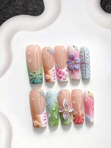 10pcs Summer Handmade Press-On Nails, Polygel Nail Art Set, 3D Carved, Striped, Water Drop, Polka Dot, Green Blue Pink Nail Polish, Vacation Style, Includes Nail Tools, 3 Sizes Available, Almond, Duck, Coffin Shape, Suitable For Party, Dancing, Daily Wear - 彩色 - 查看 18