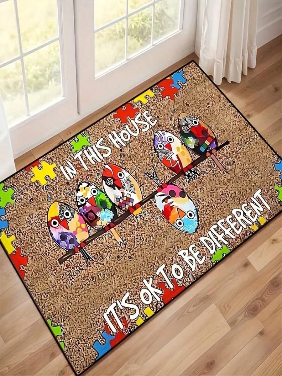 1pc Crystal Velvet Colorful Charming Bird Pattern Puzzle Design Doormat, Suitable For Home, Entryway, Bedroom Or Balcony Decoration, Easter, St. Patrick's Day, Valentine's Day, Mother's Day Decorative Gift - B - View 1