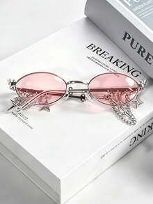 1 pieza Gafas de moda para mujer estilo Y2K con marco ovalado plateado, lentes transparentes rosa con colgante de cadena de estrella, gafas de moda para mujer de marco delgado de metal de nicho de subcultura, cadena de estrella desmontable con estilo dulce y fresco de personalidad, gafas de cadena para chica dulce y fresca, lentes rosa claro con marco plateado para decoración facial de atmósfera, gafas de moda para mujer de subcultura Y2K, marco ovalado de metal con cadena de doble capa para decoración de atuendo - Rosa - Ver 3
