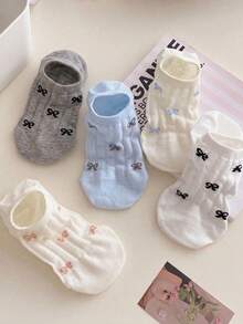 5 Pairs Random Assortment Women's Spring/Summer Bowknot Jacquard Invisible Boat Socks, Sweet Daily Style, Versatile For Everyday Commute - Multicolor - View 4