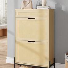 Slim Wooden Shoe Cabinet For Entryway  Rattan & Linen Panels,Adjustable Shelves - Wood Color - View 1