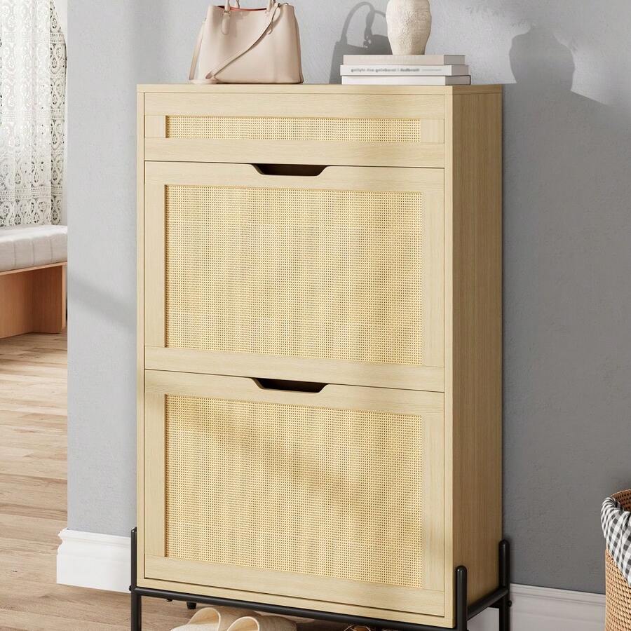Slim Wooden Shoe Cabinet For Entryway Rattan & Linen Panels,Adjustable Shelves - Wood Color - View 1