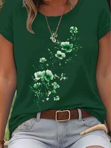 Elegant Watercolor Floral Print T-Shirt + Short Sleeves + Round Neck + Casual Spring And Summer Clothing For Women - 綠色 - 查看 1