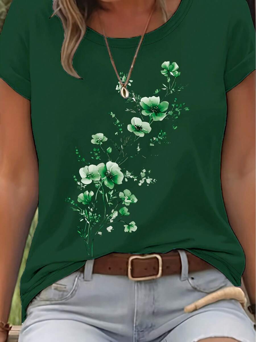 Elegant Watercolor Floral Print T-Shirt + Short Sleeves + Round Neck + Casual Spring And Summer Clothing For Women - 綠色 - 查看 1