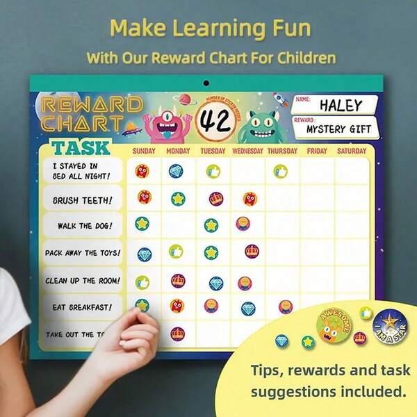 hoojojo 1pc Reward Chart, Student Self-Discipline Plan, Classroom Good Habit Cultivation Tool, Teacher Teaching Material, Parent-Child Interaction Tool, Reward Stickers, Good Habit Diary, Suitable For Home, Party And Office Use