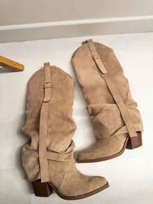 REYNEA Women's Cowboy Boots With Elegant Y2K Design And Decorative Buckle, Modern Vintage Western Style With Wrinkled Shaft, Ideal For Urban Or Casual Looks - 卡其色 - 查看 10
