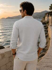 Camisa de lino para hombre 100% algodón, transpirable, ligera, con cuello abotonado - Gris - Ver 3