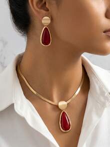 2套2件組歐美復古風黑色水滴形飾品，輕奢優雅，金色拉絲圓盤搭配黑色樹脂水滴吊墜項鍊與耳環，適合女性通勤與宴會百搭 - 紅色 - 查看 5