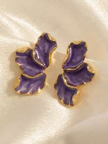 1 Pair Mori Style Maple Leaf & Flower Earrings, Fashionable Light Luxury Versatile Minimalist Colorful Petal Studs - Purple - View 3