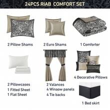 Elegant 8/24 Pieces Bed In A Bag Bedding Comforter Set,Faux Silk Comforter Jacquard Paisley Design Matching Curtains (8 Pieces Exclude Windows Panels),All-Season Essentials Home Textile For Queen-King-California King Size,Christmas Thanks Giving Gift - Teal-8 Pieces - 查看 9