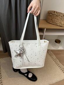 1 pièce Sac à épaule de mode pour femme avec imprimé étoile, sac fourre-tout portable polyvalent de grande capacité, convient pour les rendez-vous, les achats, les sorties, les voyages, livré avec un pendentif exquis - Blanc - Voir 3