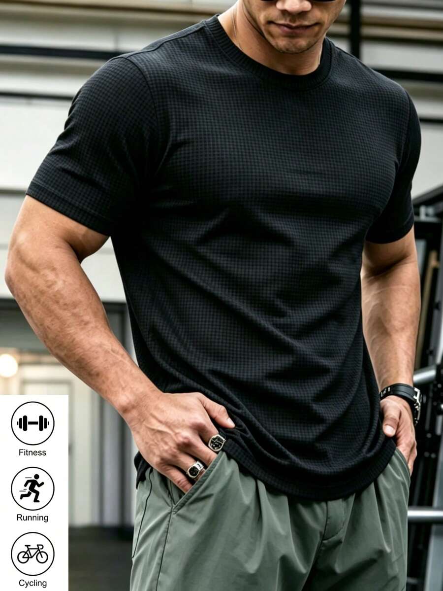 Men's Summer Black Crew Neck Short Sleeve Top, Father's Day Gift Choice, Mesh Design, Comfortable And Breathable, Suitable For World Cup Fans Watching Games, Sports Fitness, Outdoor Sports Wear - Black - View 1
