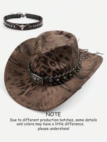 1pc Women's Original Fashionable Leopard Print Rivet Cowhide Belt Vintage Windproof Wide Brim Hat, Unisex European And American Style Western Cowboy Hat, Fashionable Minimalist Versatile Jazz Hat, Suitable For Daily Wear, Party, Western Theme Event, Gathering, Role Play, Graduation Ceremony, Costume Party, Festival, Birthday Celebration, Concert (Hat Chain Can Be Matched Individually) - Top Hat 1 - View 5