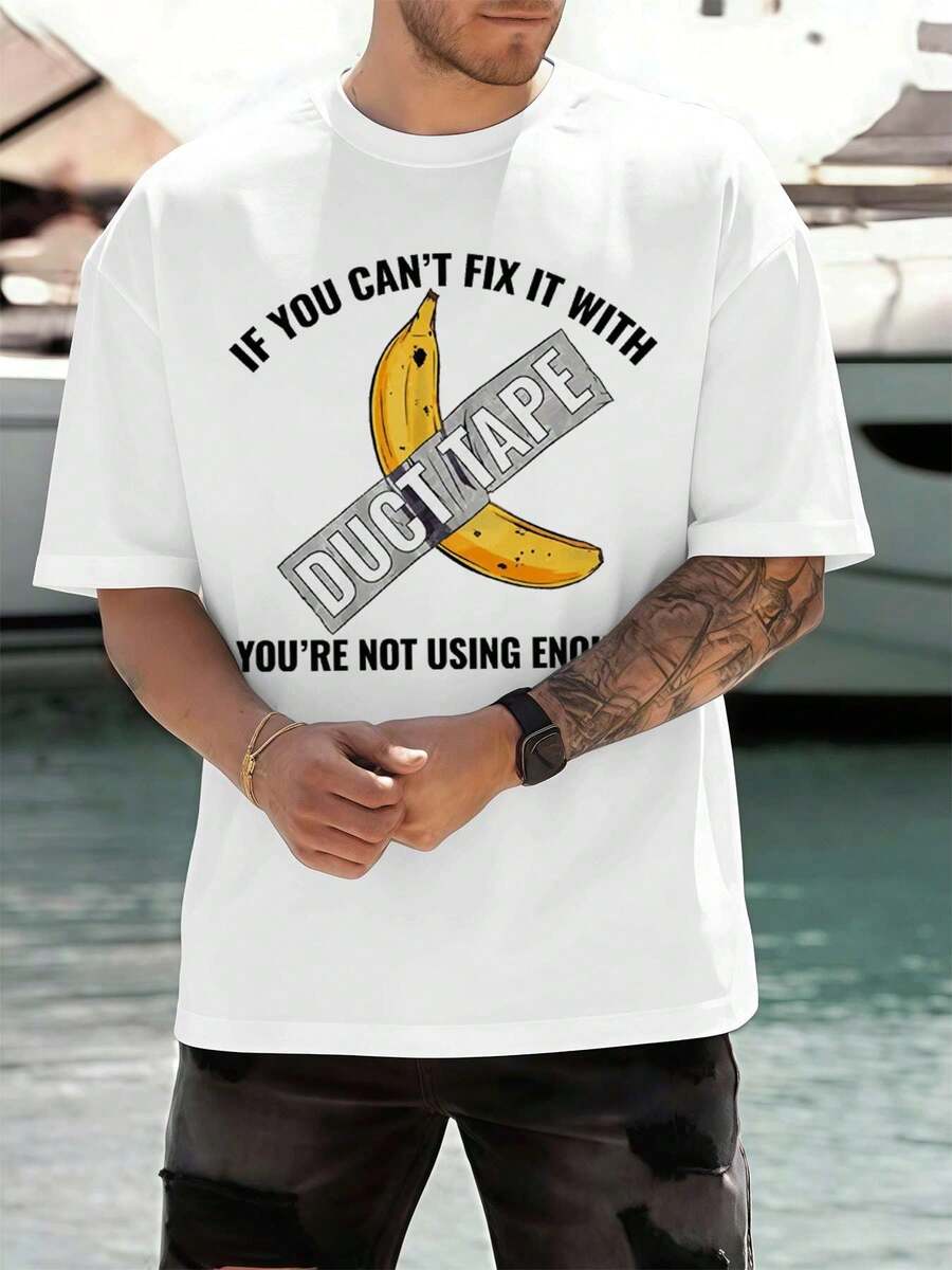 Rolig t-shirt med banan och tejp, vår, kvalitetstyg, konsttryck, gatuhiphop, andningsbar - Vitt - Visa 1
