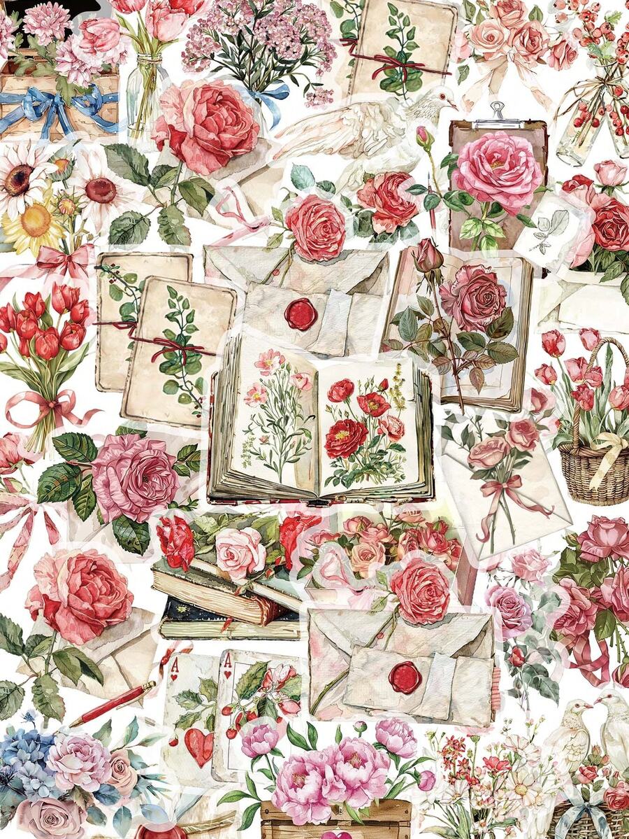 50pcs Flower & Letter Stickers For Scrapbooking, Journal, Photo Album, Phone Case, Planner, Guitar, Skateboard, Violin School Supplies - Flowers and Letters - View 1