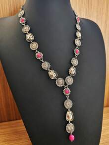 1pc Western Cowboy Style Pink Turquoise Long Necklace, Vintage Distressed Y-Shaped Sweater Chain, Unique Niche Accessory - Necklace - View 15