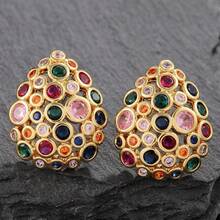 1 Par de Brincos de Botão Vintage Pesados com Zircônia Colorida em Formato de Lágrima Vazada, Estilo Boêmio de Férias com Zircônia Multicolorida Totalmente Incrustada, Acessório Versátil de Luxo Leve para Festa à Noite e Férias - Brincos vazados em formato de gota com zircônias brancas/coloridas - Visão 10