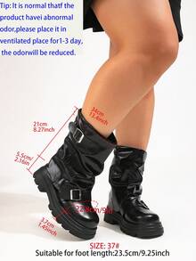 Women's Wide Fit Plus Size Thick Sole Mid-Calf Boots, Autumn/Winter Cross Lace-Up Boots, Punk Style Wide Shaft Leather Belt Buckle Inner Zipper Boots - Black - View 6