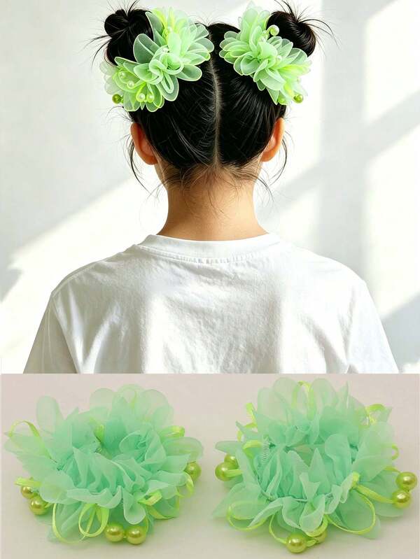 2pcs Girls Cute Green Fabric Hair Scrunchies, Luminous Green Faux Pearl Decor Green Flower Hair Ties, Suitable For Daily Life And Vacation