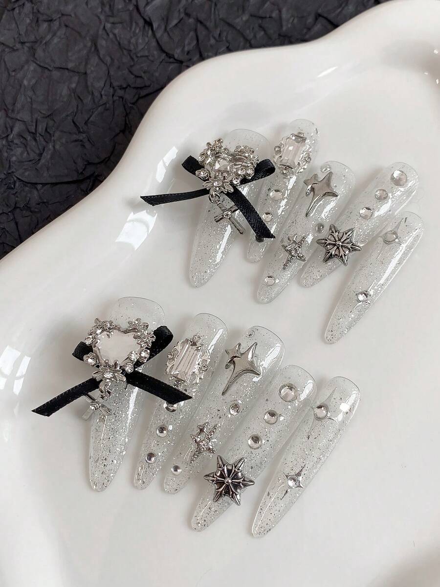 Unhas Postiças Stiletto Extra Longas, Estilo Glitter Transparente com Encantos de Metal em Forma de Estrela & Laço, Unhas Falsas de Cobertura Total para Mulheres e Meninas, Unhas Postiças Feitas à Mão - Multicolorido - Visão 1