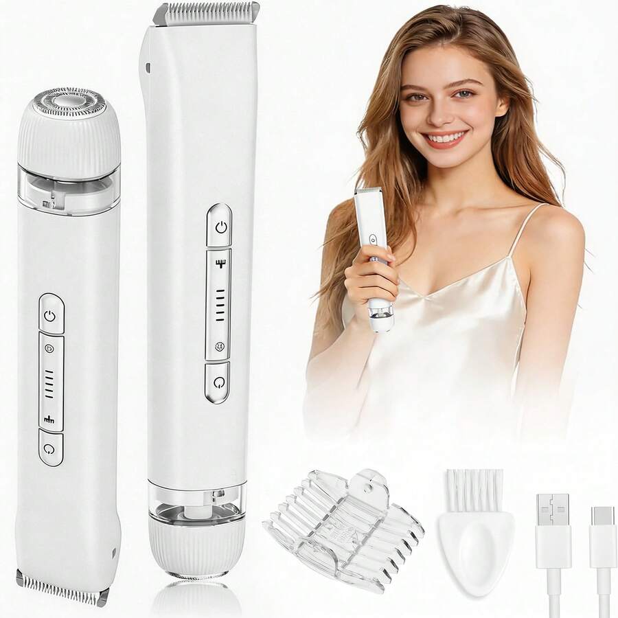 2 In 1 Women Electric Razor & Bikini Trimmer, IPX7 Waterproof Wet Dry Shaver With Ceramic Sharp Blade, USB Rechargeable 400mAh Dual Head Hair Trimmer For Face, Underarm, Leg And Pubic Hair, Portable Personal Groomer, Gift For Men Women,Multiple Color - 白色 - 查看 1
