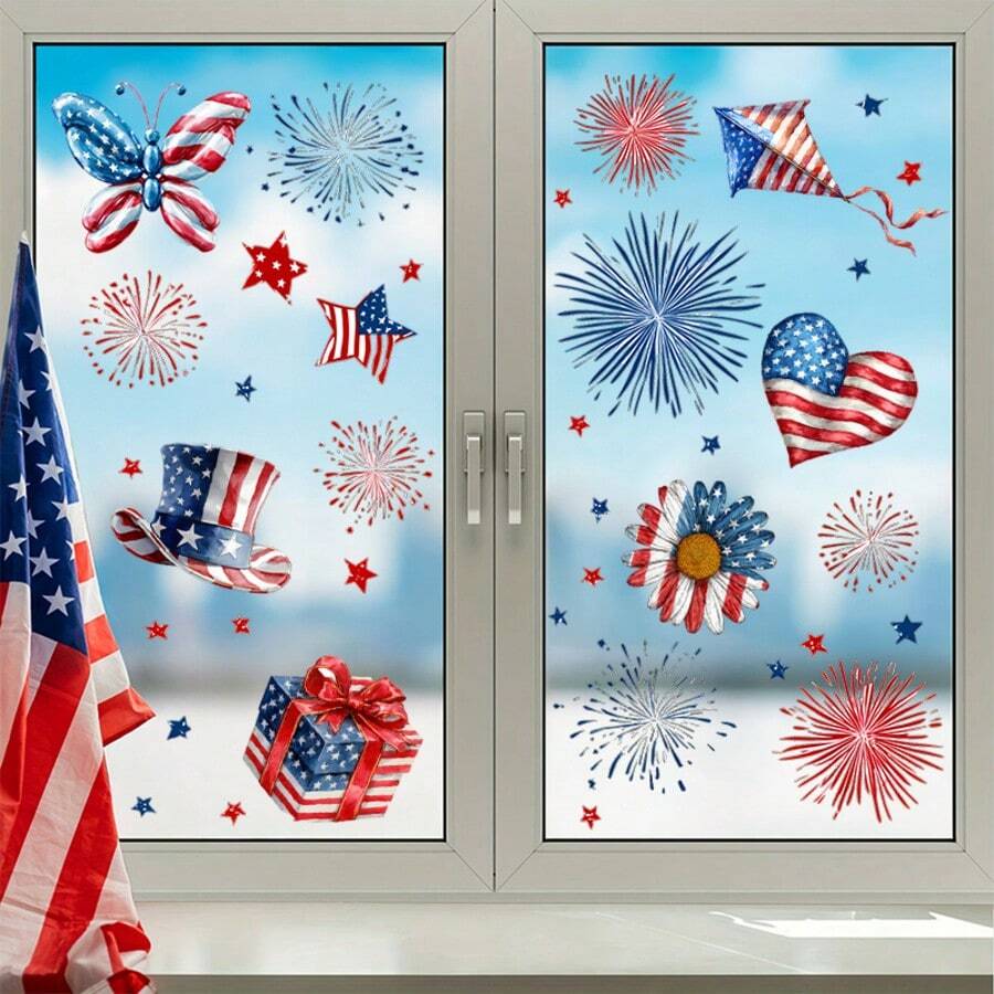 2 Peças Adesivos de Janela com Arte em Aquarela Patriótica Dia da Independência Adesivos Estáticos de Vidro Autoadesivos Transparentes com Bandeira Borboleta Fogos de Artifício Estrelas para Decoração de Janela Doméstica Decoração de Celebração Festiva Removível À Prova d'Água Reutilizável