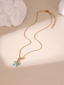 1pc Fashionable Vacation Style 18k Gold Plated Stainless Steel Enamel Starfish Shell Crab Pendant Necklace For Women, Suitable For Beach Vacation Wear - Multicolor - View 5