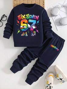 Tween Boy Cartoon Pattern & Letter Print Crew Neck Sweatshirt And Sweatpants Set - Royal Blue - View 1