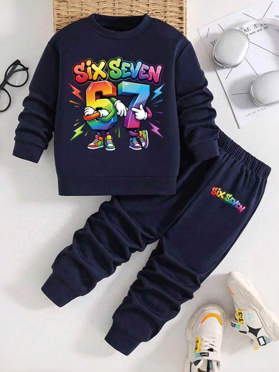 Tween Boy Cartoon Pattern & Letter Print Crew Neck Sweatshirt And Sweatpants Set - Royal Blue - View 1