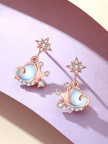 1pc S925 Sterling Silver Rose Gold Crown Heart Stud Earrings With Moonstone And Zirconia Octagonal Star Pendant, Sweet Women's Jewelry - Rose Gold - View 4