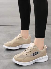Women's Light Khaki Mesh Breathable Sports Shoes, Lightweight Soft Sole Shock-Absorbing Casual Running Shoes, Low-Top Lace-Up Non-Slip Versatile White Sneakers, Simple Versatile Height-Increasing Chunky Sneakers, Suitable For Daily Commute, Outdoor Jogging, Fitness Training, Student Campus, Shopping And Travel, Comfortable All-Season Women's Shoes That Don't Tire Feet - Beige - View 2