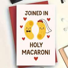 「Joined In Holy Macaroni」趣味婚禮卡，新郎新娘義大利麵諧音梗 - 13*18 - 查看 1