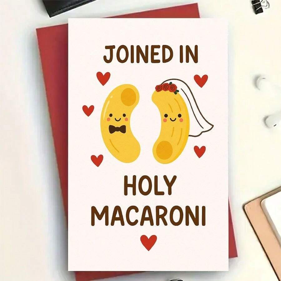 「Joined In Holy Macaroni」趣味婚禮卡,新郎新娘義大利麵諧音梗 - 13*18 - 查看 1