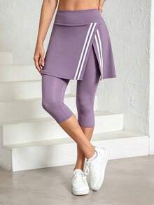 Women's Fashion Side Stripe Split Skirt Leggings, All Season Wear, Women's Tennis Skirt Leggings With Pockets, 7/8 Length Yoga Leggings With Skirt Hem, Suitable For Sports And Casual Wear - Mauve Purple - View 2