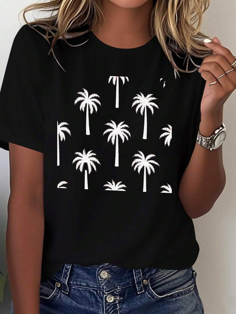 Women's T-Shirt, Round Neck, For All Seasons - Black - View 1